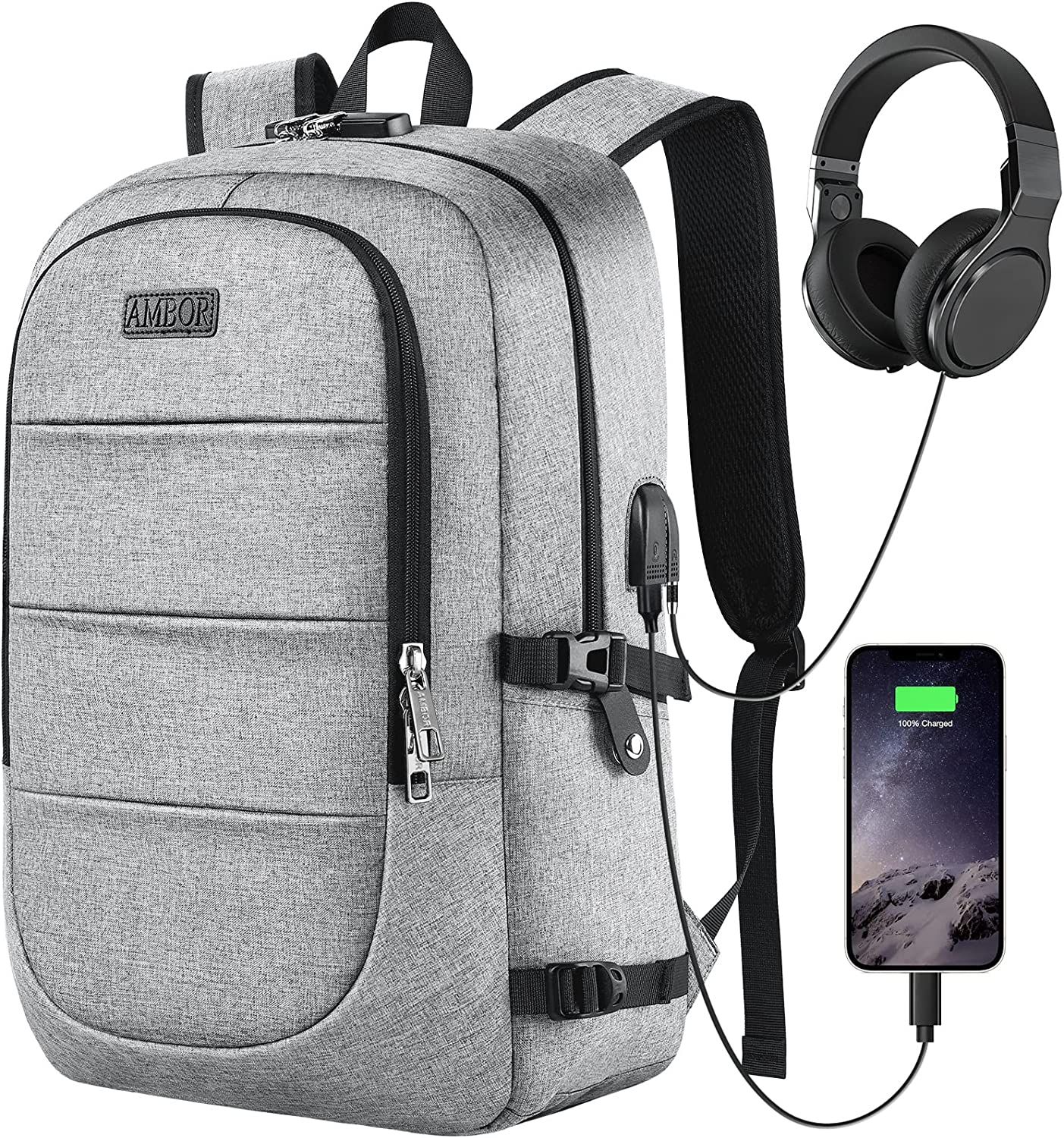 230816072535268_1 AMBOR Travel Laptop Backpack,17.3 inch Anti Theft Business Laptop Backpack with USB Charging Port and Headphone Interface, College School Backpack for Men & Women,Black - Image 1